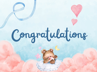 New baby card cover with congratulations text, a teddy bear, pink clouds, and hearts