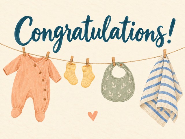 Illustration of tiny baby clothes hanging on a clothesline, with the message “Congratulations!”