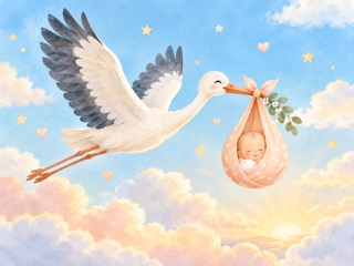 New baby card cover with a stork carrying a baby bundle through soft clouds