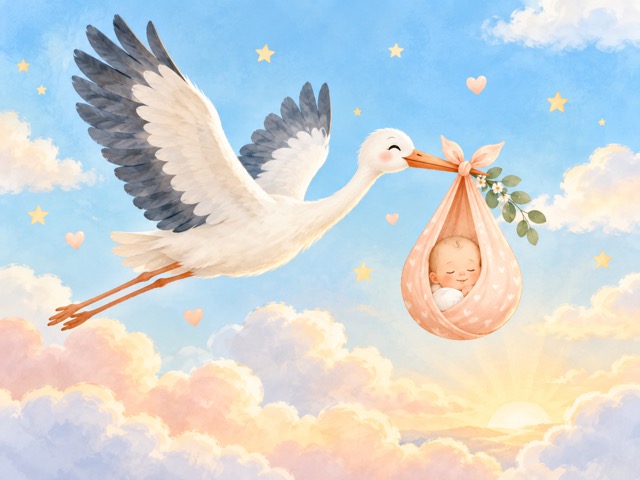 New baby card cover with a stork carrying a baby bundle through soft clouds