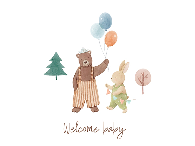 New baby card cover with a watercolor bear, bunny, balloons, and welcome baby text