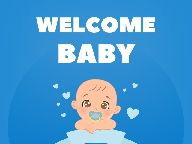New baby card cover with welcome baby text and a baby on a blue background