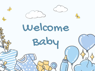 New baby card cover with blue baby clothes, balloons, butterflies, and welcome baby text