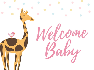 New baby card cover with a giraffe, pastel confetti, and welcome baby text