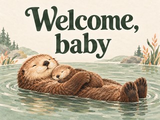 Illustration of an otter cuddling its baby in sage green water, with the message “Welcome, baby”