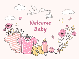New baby card cover with pink baby clothes, flowers, butterflies, and a stork carrying a baby