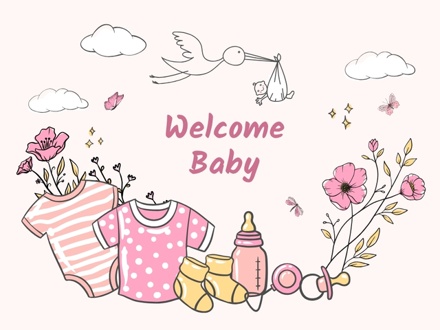 New baby card cover with pink baby clothes, flowers, butterflies, and a stork carrying a baby