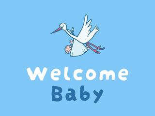 New baby card cover with a stork carrying a baby over a blue welcome baby background