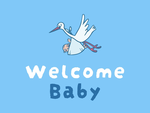 New baby card cover with a stork carrying a baby over a blue welcome baby background
