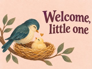 Illustration of a teal bird watching over its chick in a nest, with the message “Welcome, little one”