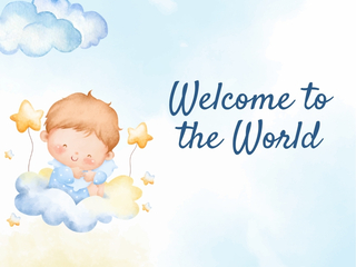 New baby card cover with welcome to the world text and a baby sitting on soft clouds