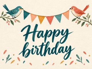 Illustration of two birds carrying a string of pennants, with the message “Happy birthday”