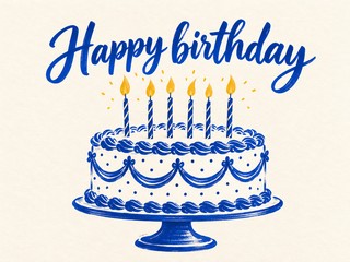 Illustration of a cake drawn in blue ink with six lit candles, with the message “Happy birthday”