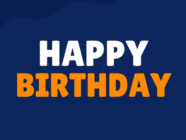 Happy birthday card cover with white and orange text on a navy blue background