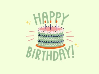Happy birthday card cover with an illustrated birthday cake on a pale green background
