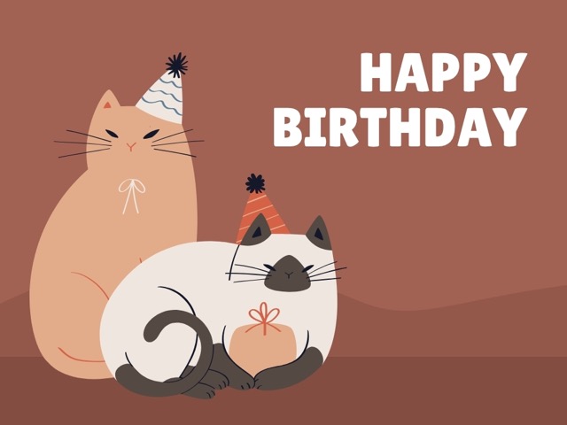 Happy birthday card cover with two illustrated cats wearing party hats