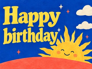 Illustration of a smiling sun above a coral hill on cobalt blue, with the message “Happy birthday”