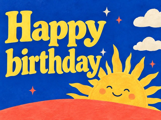 Illustration of a smiling sun above a coral hill on cobalt blue, with the message “Happy birthday”