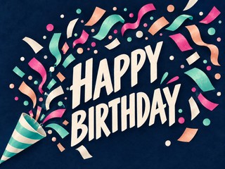 Illustration of mint, peach, and pink confetti on midnight blue, with the message “Happy birthday”