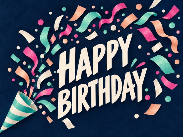 Illustration of mint, peach, and pink confetti on midnight blue, with the message “Happy birthday”