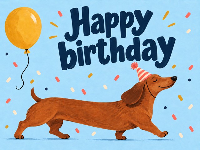 Illustration of a dachshund in a party hat beside a yellow balloon, with the message “Happy birthday”