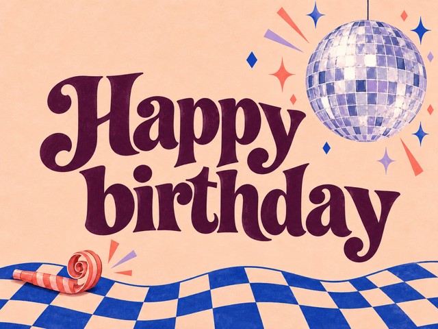 Illustration of a disco ball above a blue checkered dance floor, with the message “Happy birthday”