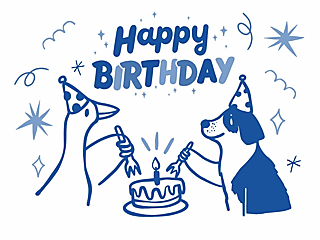 Happy birthday card cover with two illustrated dogs wearing party hats around a birthday cake
