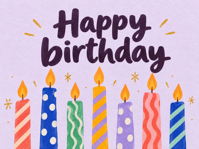 Illustration of seven colorful candles on lavender, with the message “Happy birthday”