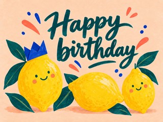 Illustration of three smiling yellow lemons and a blue crown, with the message “Happy birthday”