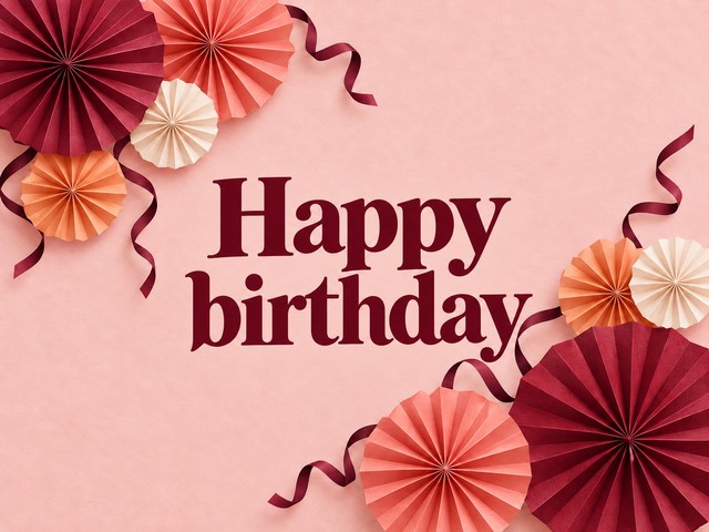 Illustration of coral, apricot, and cream paper rosettes on pink, with the message “Happy birthday”