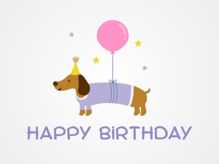 Happy birthday card cover with an illustrated dog wearing a party hat and holding a balloon