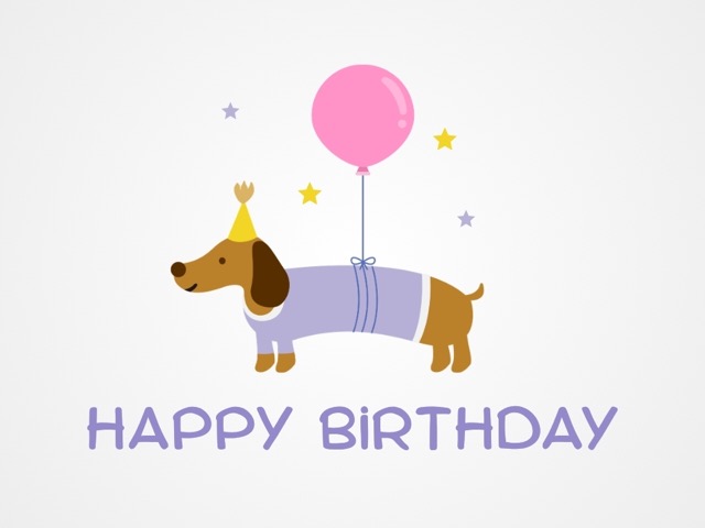 Happy birthday card cover with an illustrated dog wearing a party hat and holding a balloon