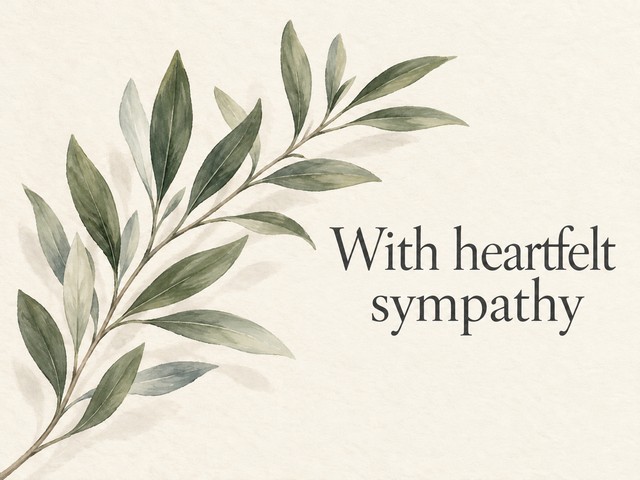 Illustration of an olive branch on cream, with the message “With heartfelt sympathy”