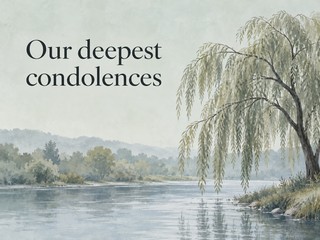 Illustration of a willow beside a river on sage, with the message “Our deepest condolences”