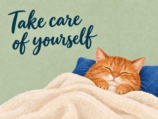 Illustration of an orange cat under a cream blanket on sage, with the message “Take care of yourself”