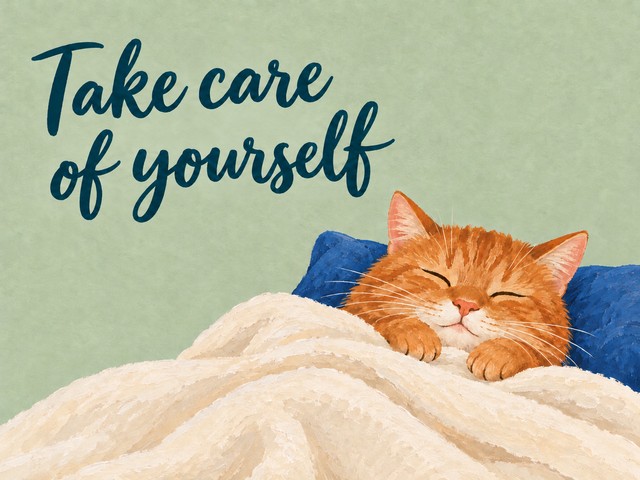 Illustration of an orange cat under a cream blanket on sage, with the message “Take care of yourself”