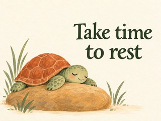 Illustration of a turtle resting on a rock on cream, with the message “Take time to rest”