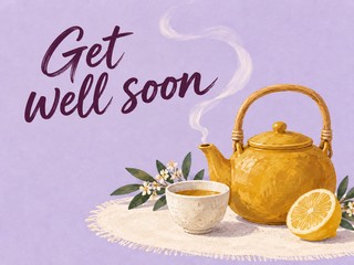 Illustration of a yellow teapot, cup, and lemon on lavender, with the message “Get well soon”