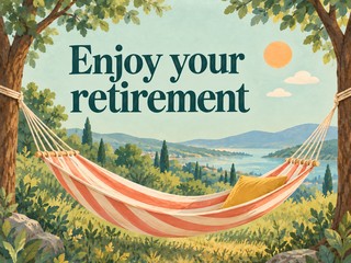 Illustration of a coral and cream striped hammock between two trees, with the message “Enjoy your retirement”
