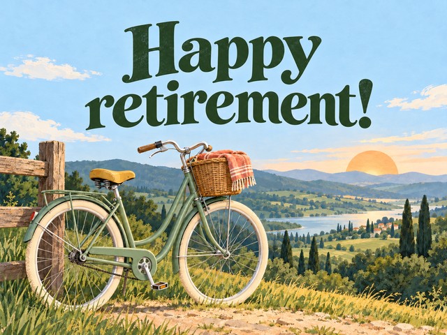 Illustration of a green bicycle and picnic basket in sunny hills, with the message “Happy retirement!”