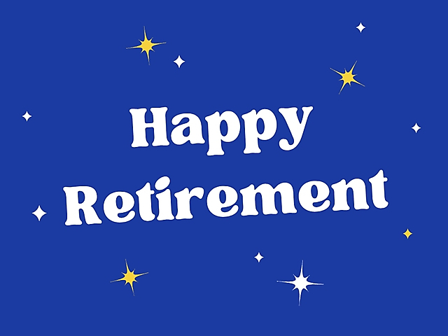 Happy retirement card cover with white text and yellow stars on a blue background
