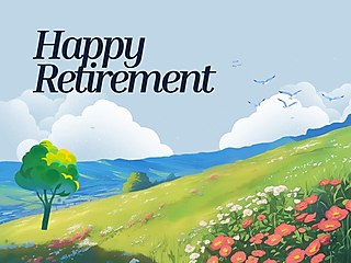Happy retirement card cover with colorful hills and the text Happy Retirement