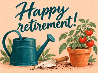Illustration of a watering can, trowel, and tomato plant on peach, with the message “Happy retirement!”