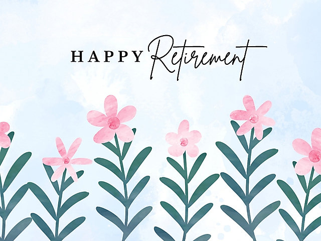 Happy retirement card cover with watercolor pink flowers on a blue background