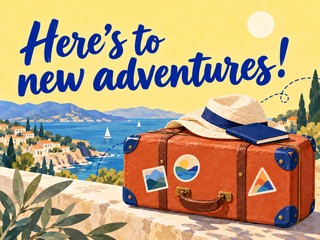 Illustration of a terracotta suitcase and hat beside the sea, with the message “Here’s to new adventures!”