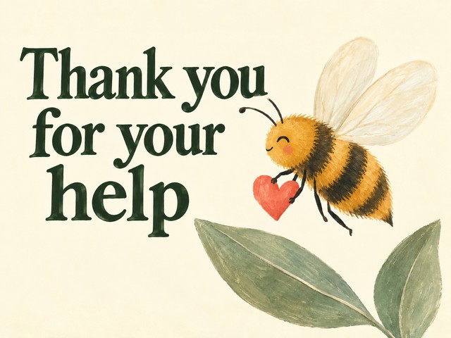 Illustration of a bee holding a coral heart on cream, with the message “Thank you for your help”
