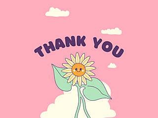 Thank you card cover with a smiling flower on a pink background