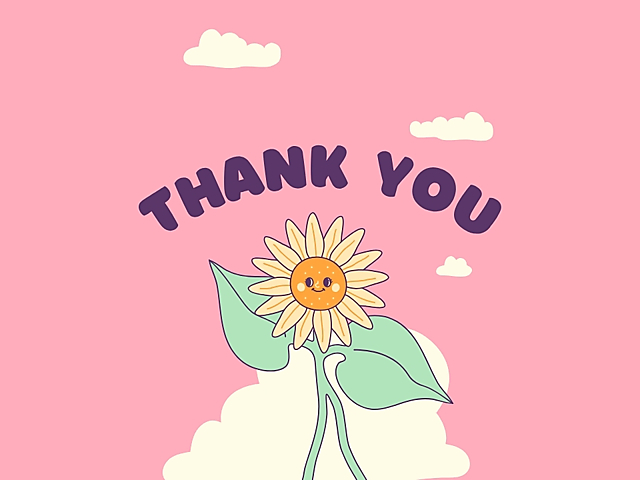 Thank you card cover with a smiling flower on a pink background