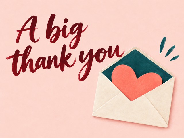 Illustration of an envelope holding a coral heart on pink, with the message “A big thank you”