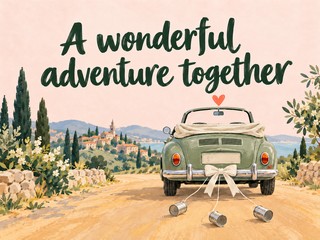 Illustration of a green wedding car with trailing tin cans in a sunny landscape, with the message “A wonderful adventure together”